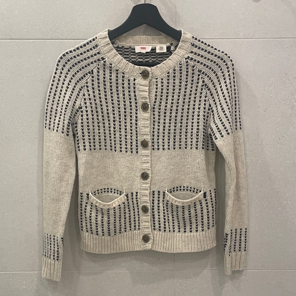 Women's Cream and Black Button-Up Sweater